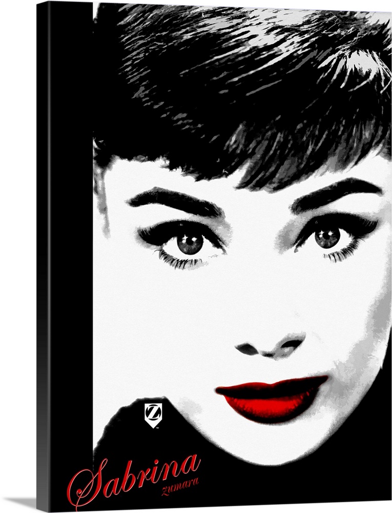 Portrait, large wall hanging of the face of Audrey Hepburn, the only part of the image in color is her red lips and text "...