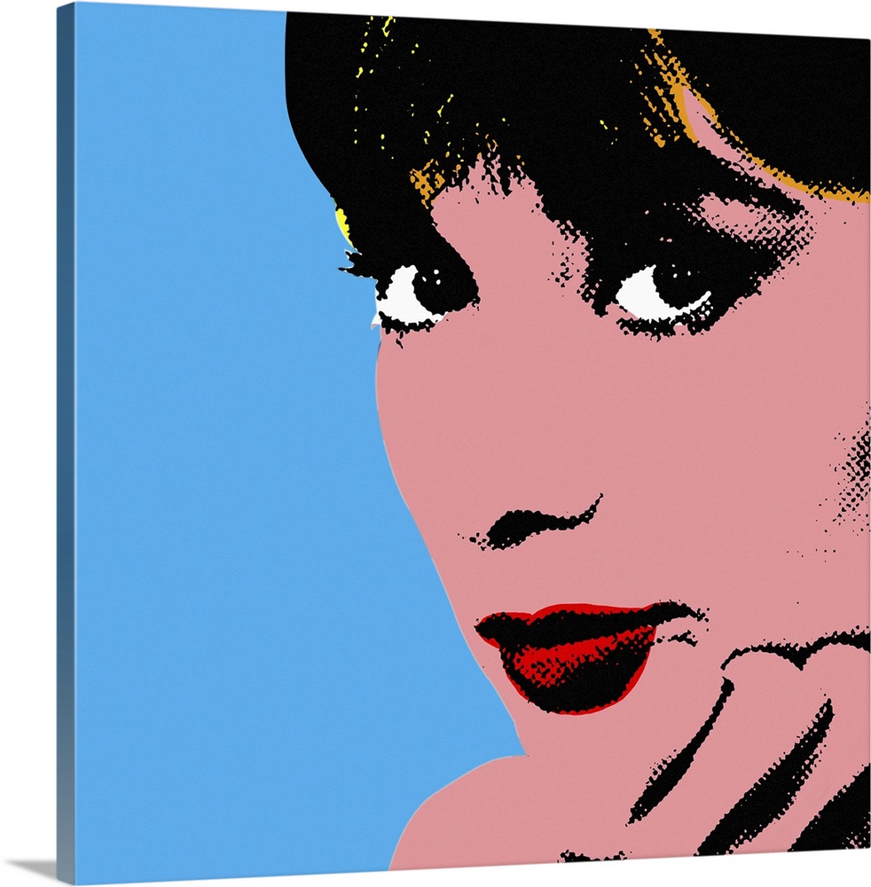 Retro artwork of Audrey Hepburn where only her face and hand holding it up are shown.