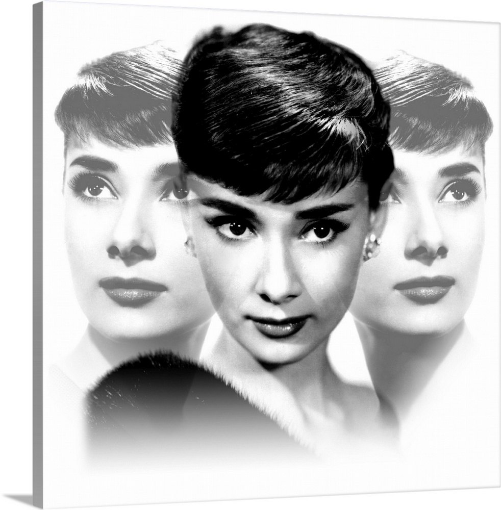 Square photograph of Audrey Hepburn from the shoulders up, mirrored on both sides.