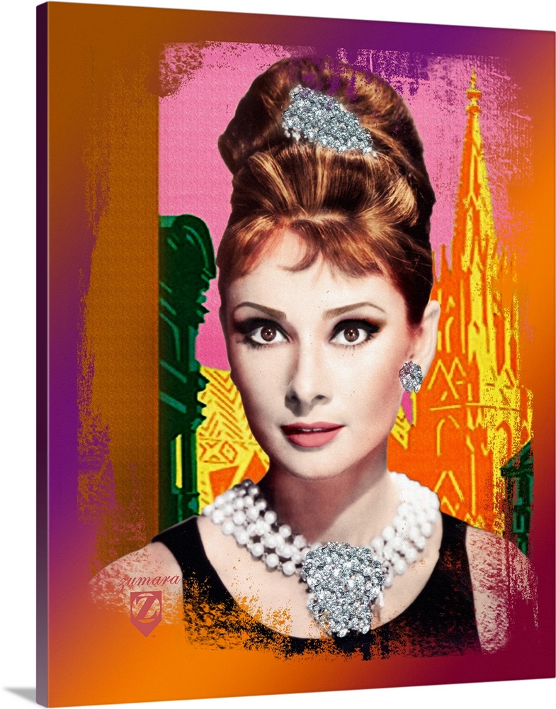 Portrait artwork on a large wall hanging of a bust image of Audrey Hepburn wearing a large, jeweled hairpiece, earrings an...