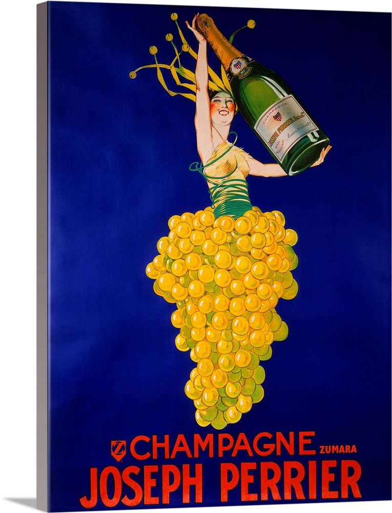 This large vintage poster shows a person in a bushel of grapes holding a large champagne bottle. Red text is printed below.