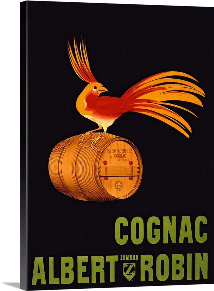 Large vertical vintage advertisement for Albert Robin Cognac, with a bright bird with long plumage, perched upon a wooden ...
