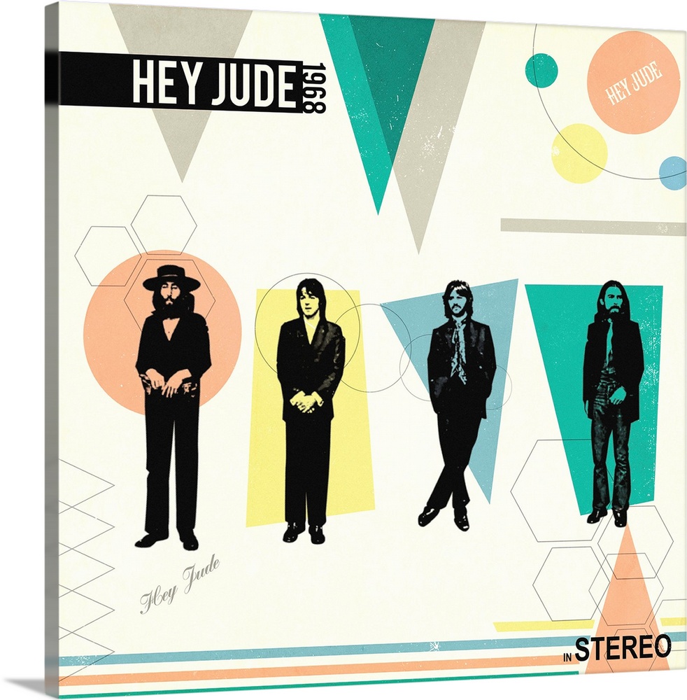 Square 'Hey Jude' album advertisement with geometric illustrations.
