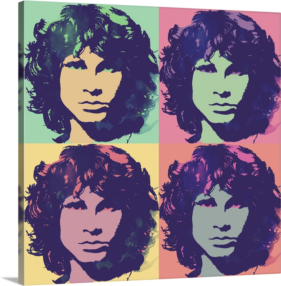 Pop art style illustration of Jim Morrison in 4 blocks and pale hues.