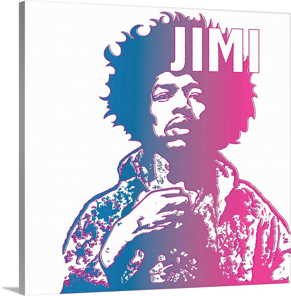 Blue and pink illustration of Jimi Hendrix with bright pink outlines and 'Jimi' written at the top.