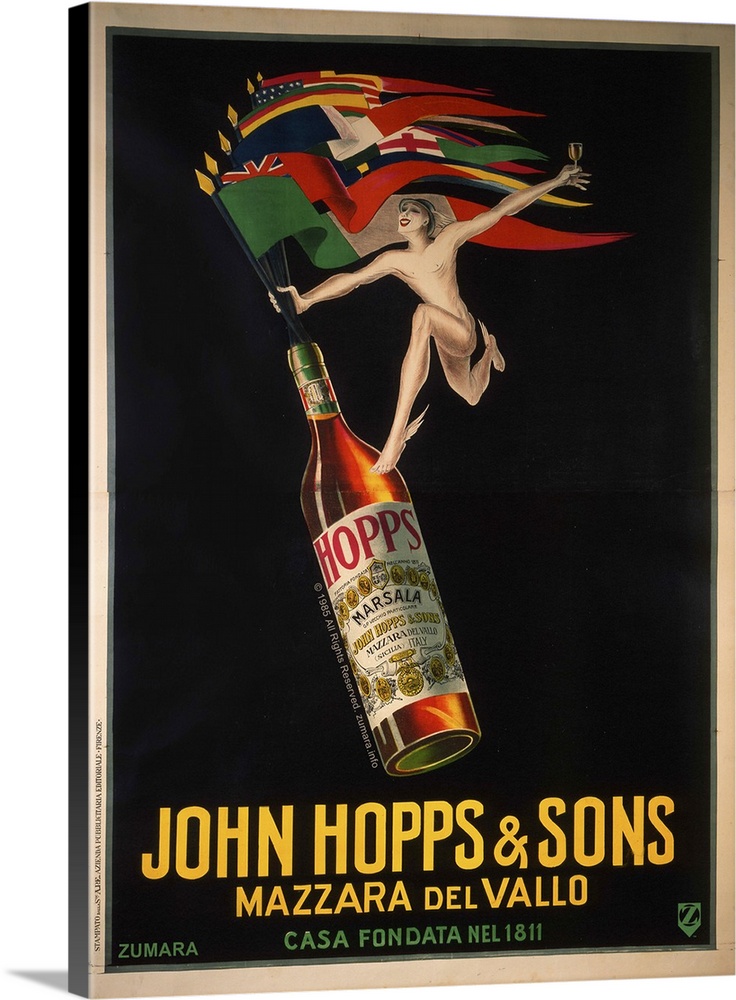 Vintage poster of a bottle filled with liquid and country flags sticking out from the top. A person is painted grabbing on...