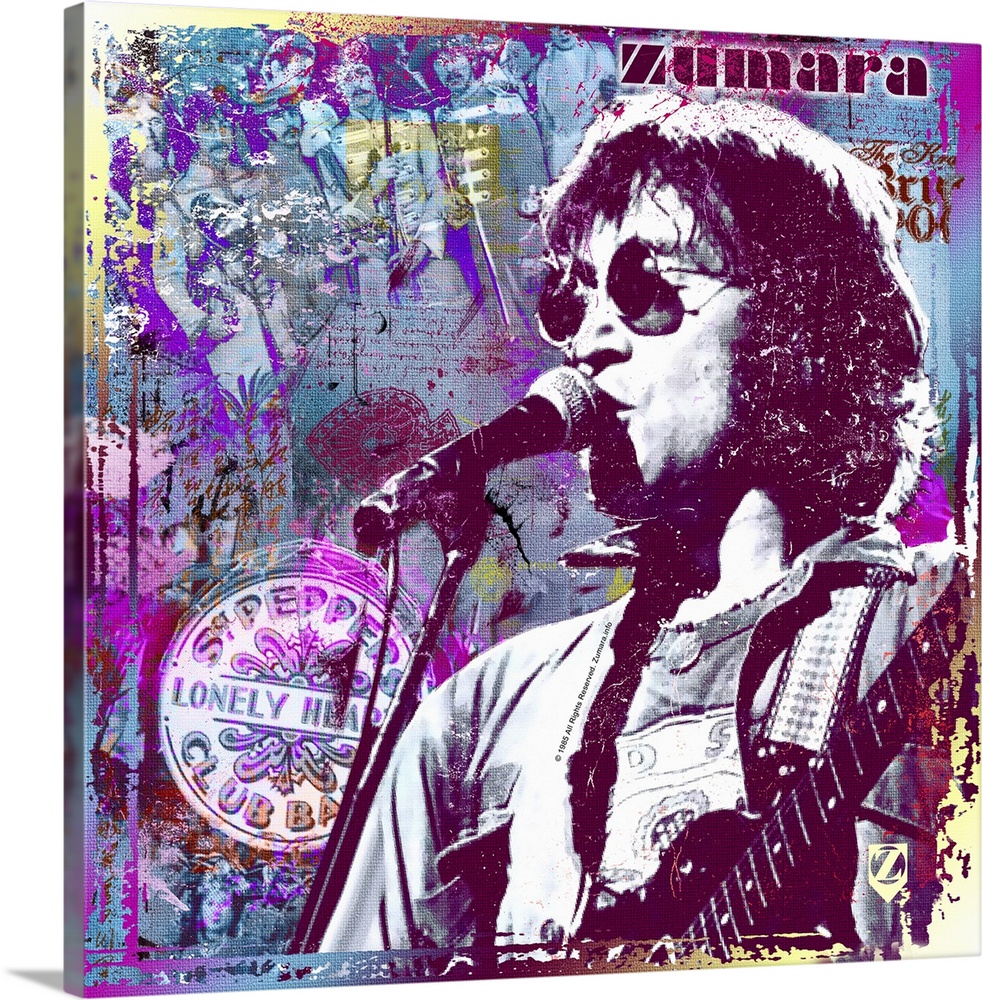 Big square wall hanging of a bust image of Jon Lennon, holding a guitar as he sings into a microphone.  The background is ...