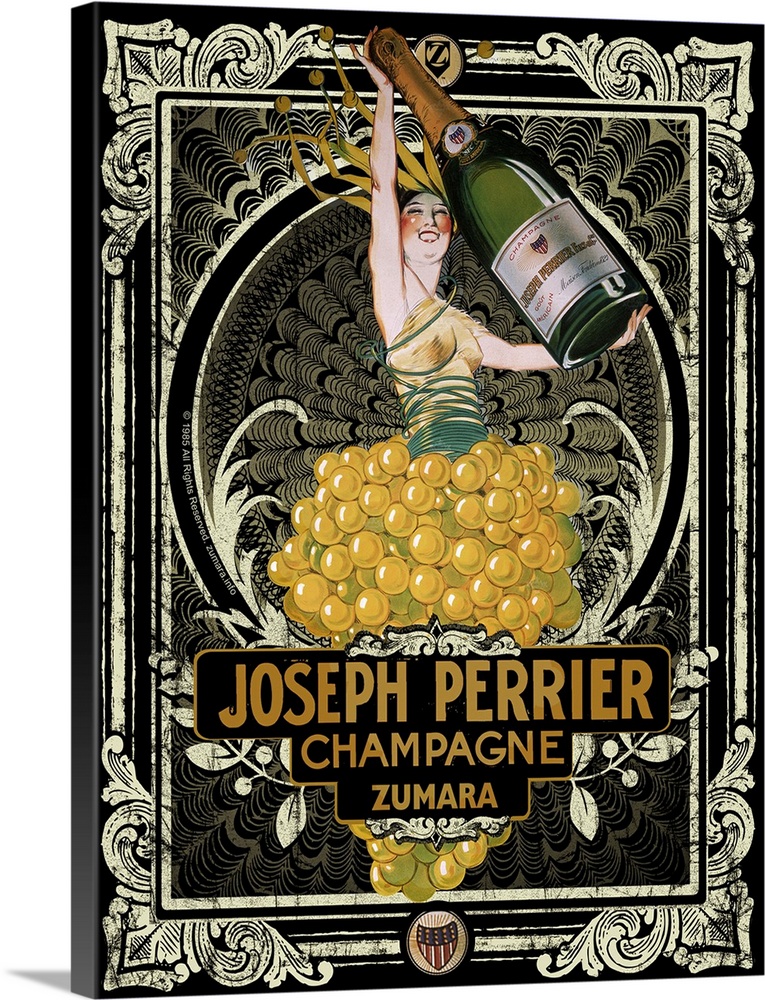 Vintage poster of a person holding up a life size bottle of champagne as they stand in a bushel of grapes.