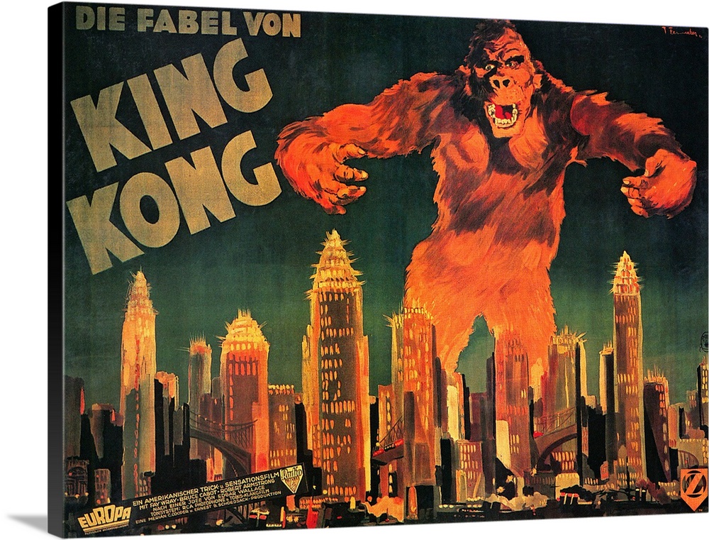 Large landscape vintage artwork of King Kong, as the large ape towers over the skyscrapers in a city, at night.