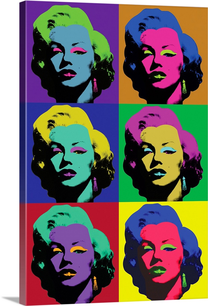 Pop art style squares of Marilyn Monroe stacked together vertically in various vibrant hues.