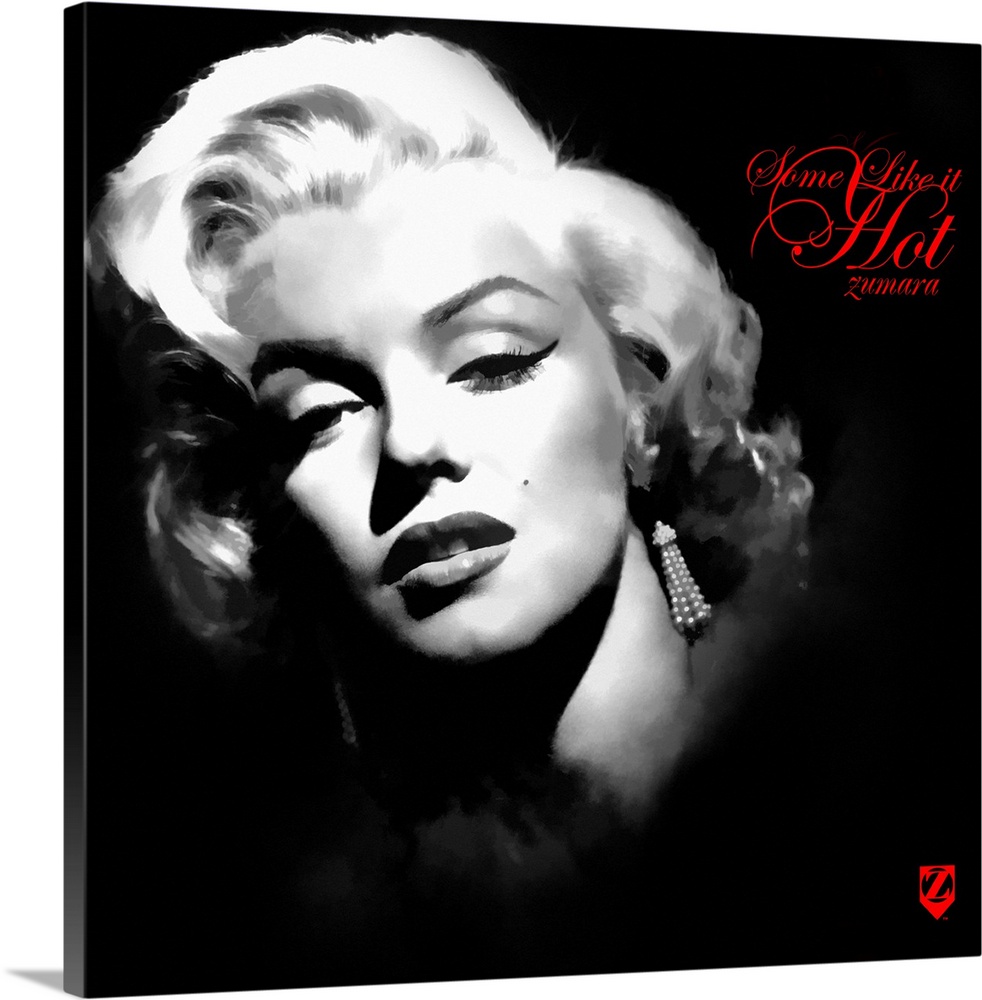 Square wall art of Marilyn Monroe with a close up of her face with a dark background behind her.