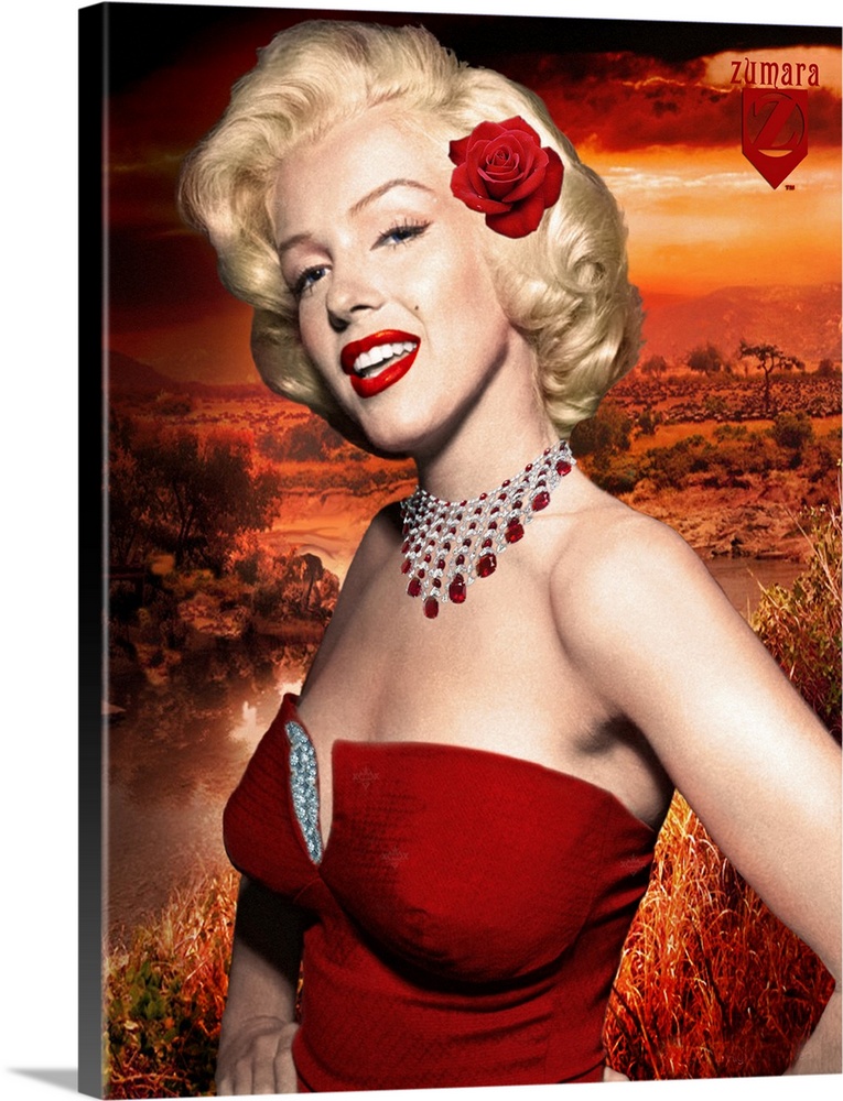 Wall art of Marilyn Monroe in a red dress and flower in her hair posing.