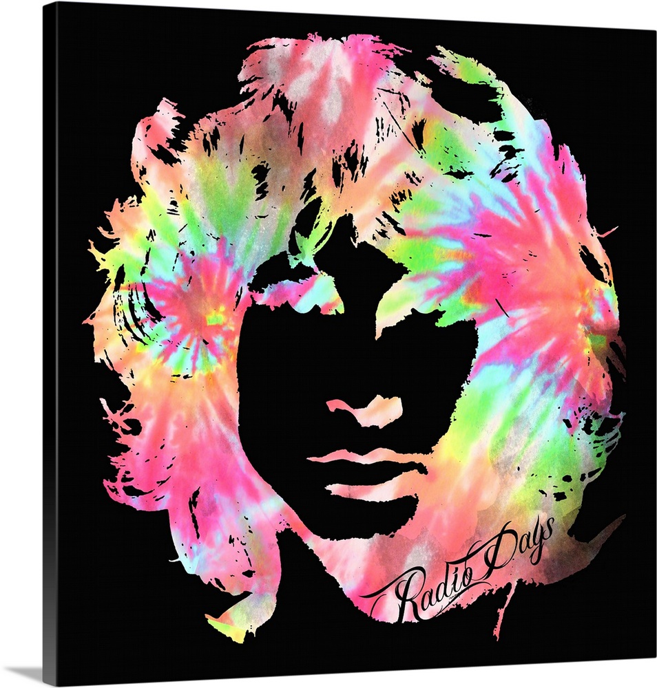 Psychedelic tie-dye silhouette of Jim Morrison's face on a black square background.