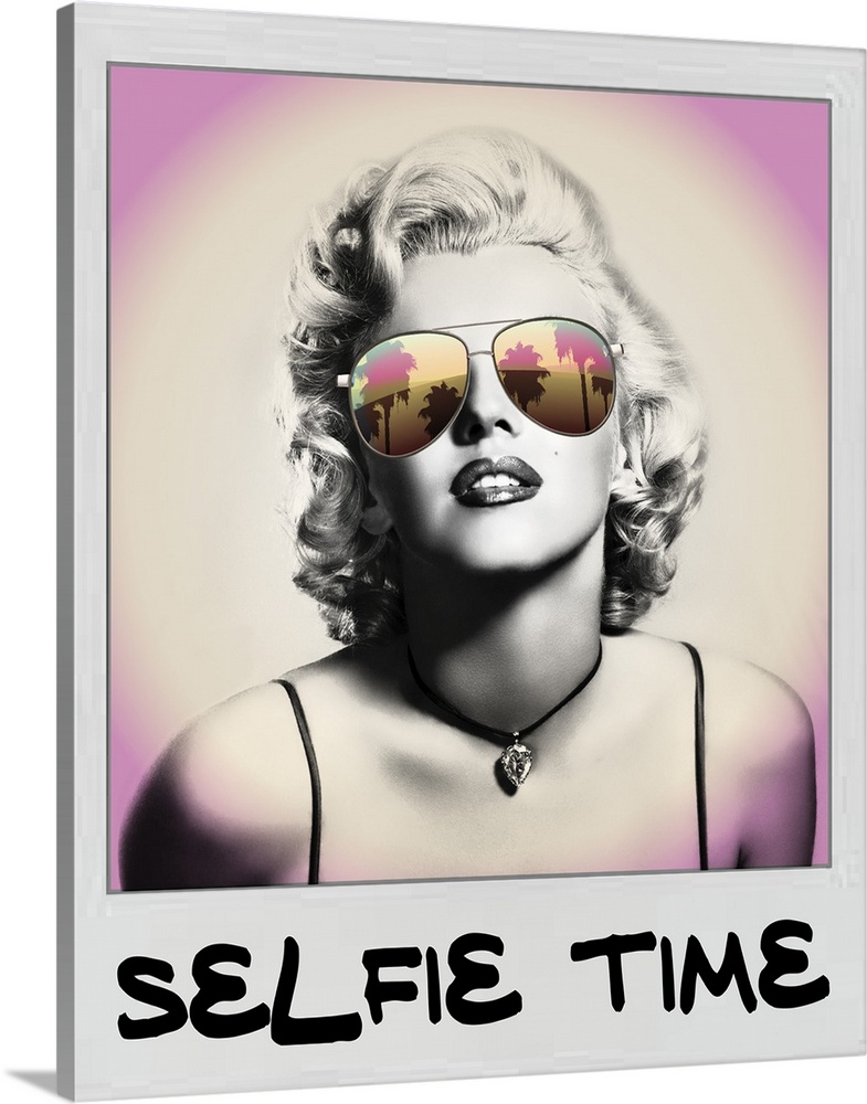 Marilyn Monroe in a Polaroid pictures wearing sunglasses that are reflecting colorful palm trees, and 'Selfie Time' writte...