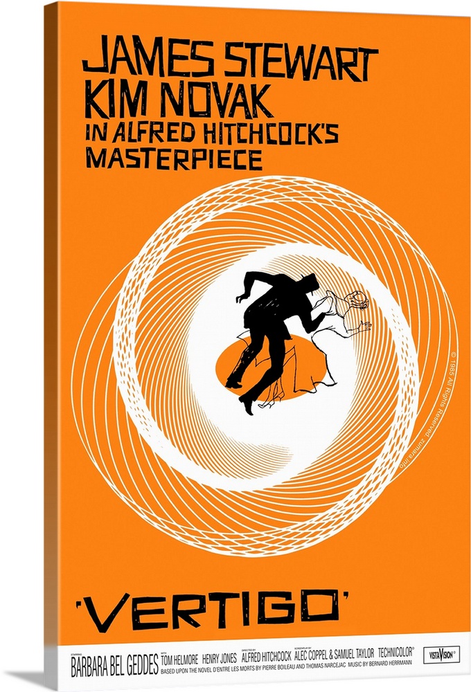 Movie poster for Alfred Hitchcock's hit film Vertigo. It shows the drawing of two silhouettes falling down a spiral.