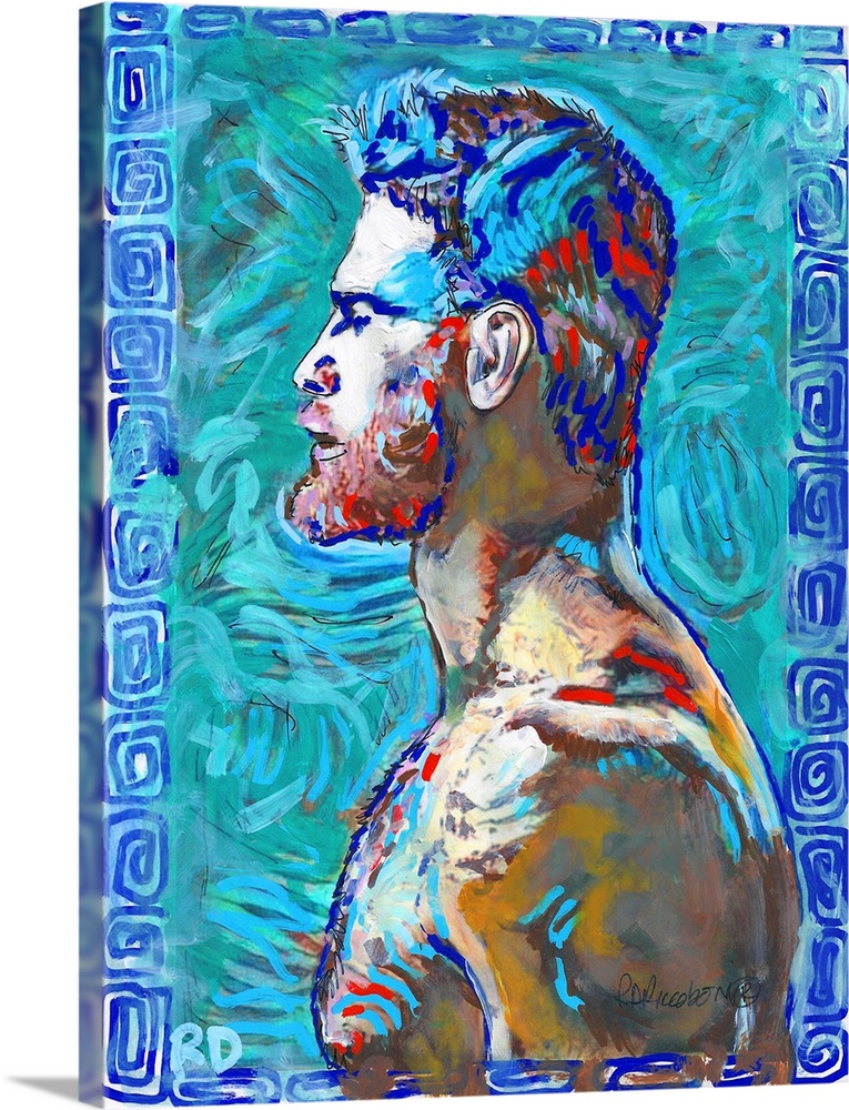 Aqua Man, a Beefcake art print by RD Riccoboni. Sexy profile of a muscular bearded man surrounded by dreamy blues with spl...