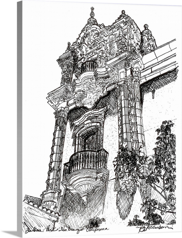 Balboa Park Architecture drawing by RD Riccoboni. Black and white pen and ink drawing of a Tower on the over the top Casa ...
