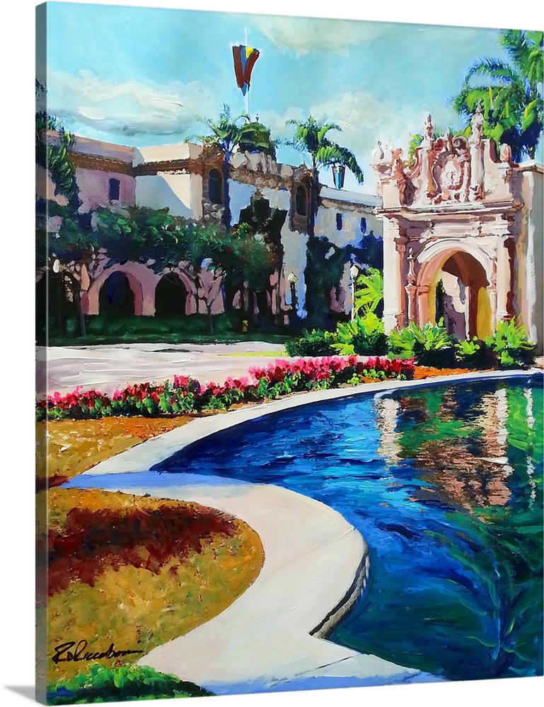 Lily Pond and Home Economy Building Arcade Entrance, painting by RD Riccoboni.  Spanish colonial revival architecture alon...