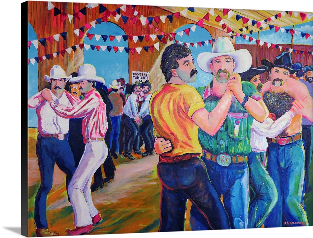 Contemporary painting of men dancing in a barn together at the Gay Rodeo.