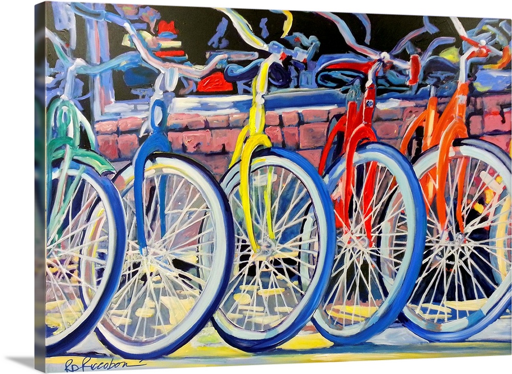 A green, blue, yellow, red, and orange bike lined up in front of the bicycles store.