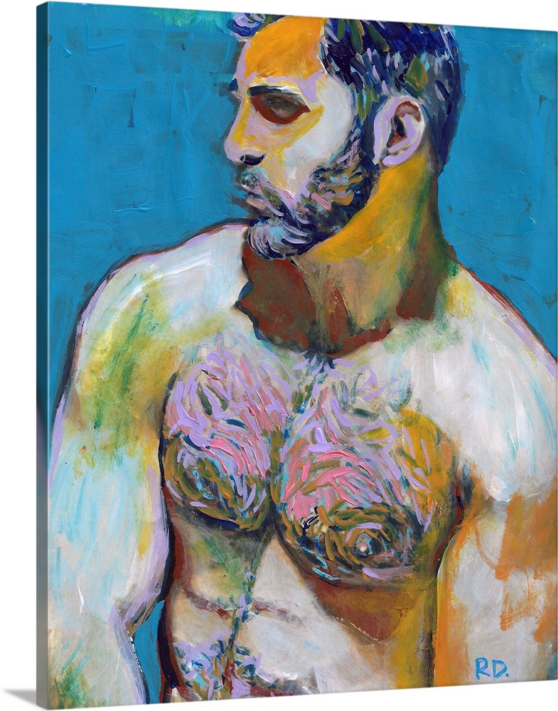 Blue Beard  by RD Riccoboni. Painting of a sexy bearded and hairy chested man.