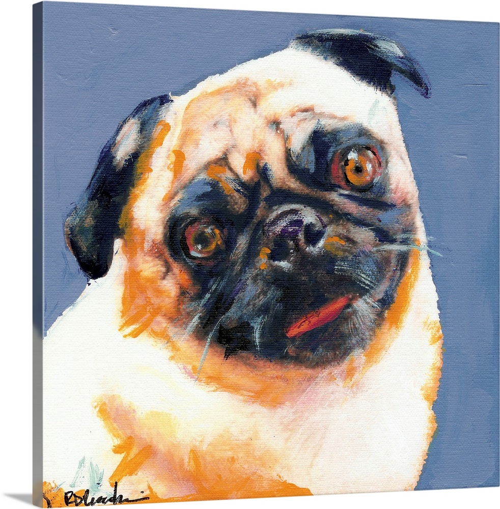Square painting of a Pug on a blue background.
