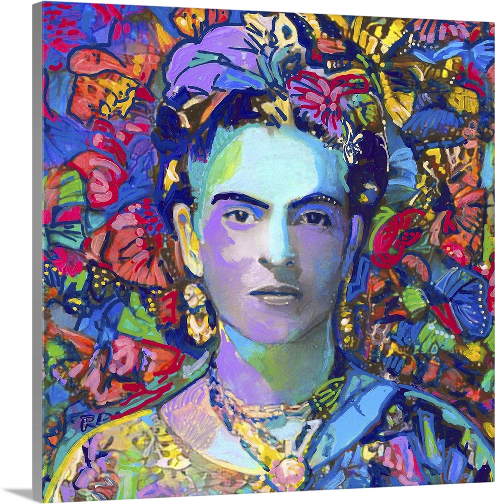 A moody painting portrait of Frida with colorful broken and fractured butterfly wings surround the iconic Mexican painter ...