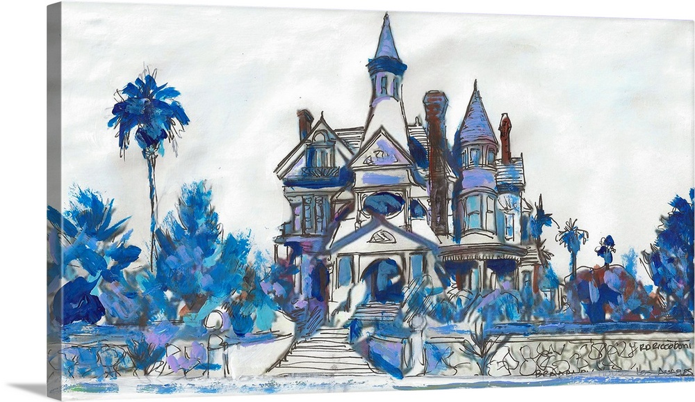 Ink and acrylic painting of the Bradbury Mansion in Los Angeles, one of the Lost Victorian mansions of downtown. A parking...