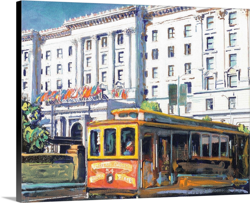 Cable Car 54, San Francisco, California, acrylic on canvas painting by RD Riccoboni.  The Fairmont Hotel is the backdrop i...