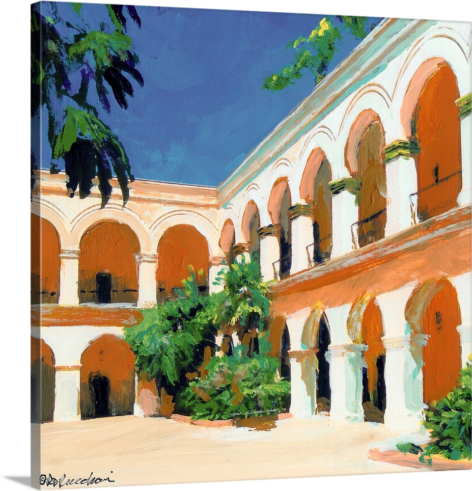 Double Arched courtyard of Casa del Prado in San Diego, California.  A Balboa Park painting by master California artist RD...