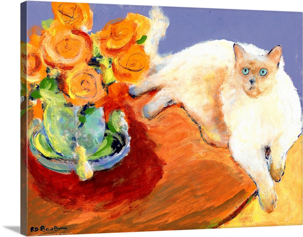 Cat and Flowers, painting by RD Riccoboni.  This ragdoll cat lounging on a table next to a vase of roses. Painted in the i...