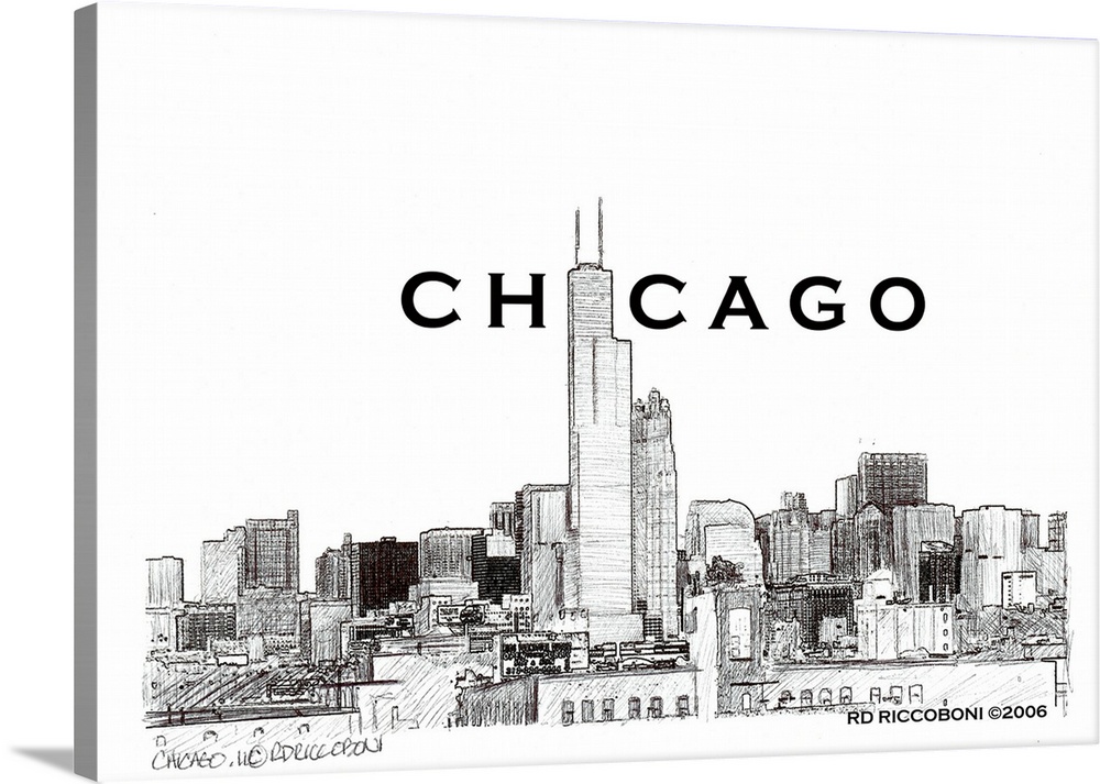 Chicago Skyline, and Willis, Sears Tower by Randy Riccoboni. A pen and Ink drawing of the windy city.
