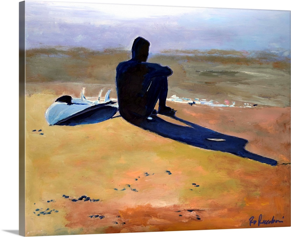Painting of a surf board and shadow of the surfer sitting on the beach as the light reflects of the wet sand.
