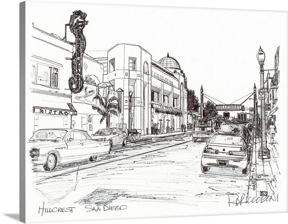 Drawing of Hillcrest, San Diego California Wall Art, Canvas Prints