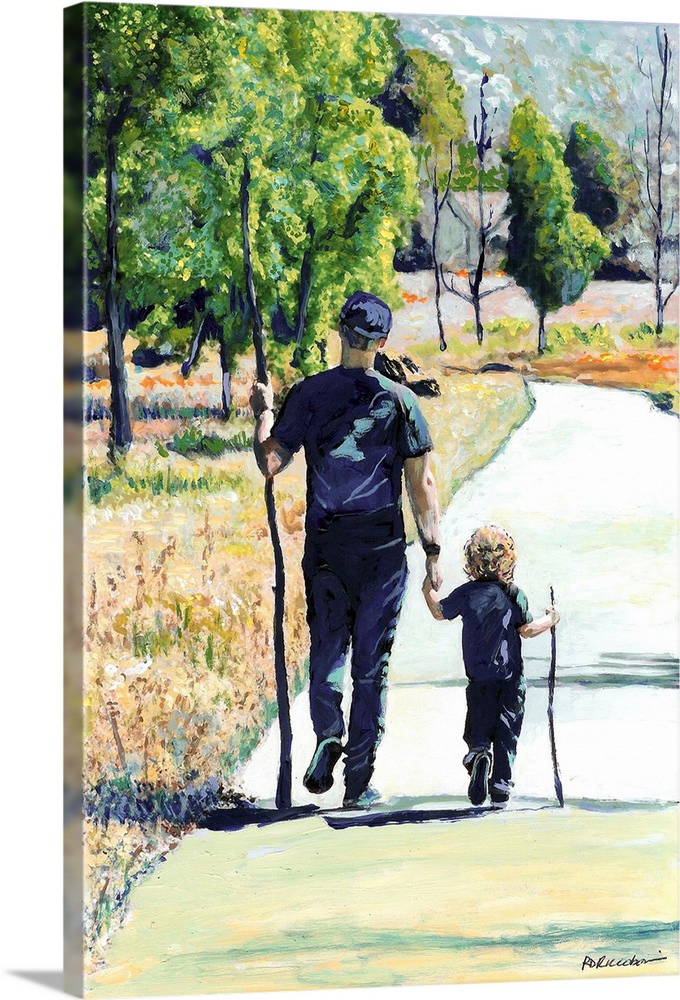 Painting of a country walk with father and child holding hands and walking sticks down a path.