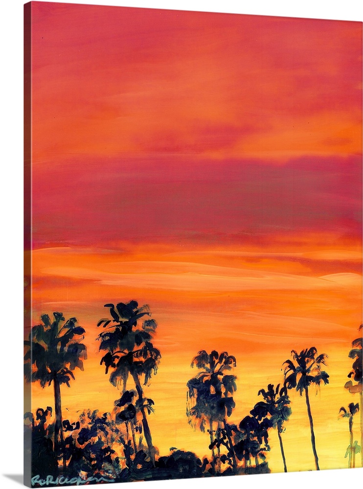 February Sunset San Diego by RD Riccoboni.  Pink, yellow, red sky with palms a view from my art studio.  The original is a...