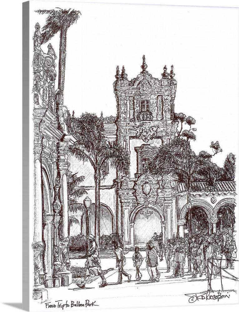 Field Trip to Balboa Park. Pen and Ink drawing by RD Riccoboni. A preliminary sketch for a painting of the same name.