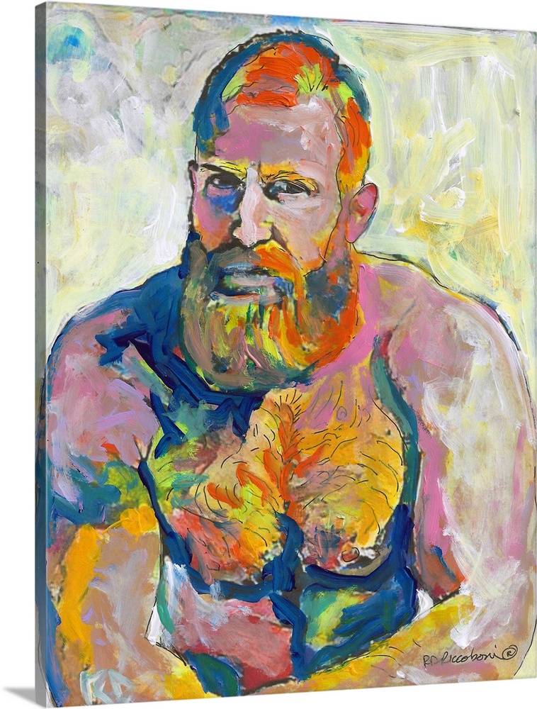 Fire Island Van Gogh by RD Riccoboni. Sexy muscle Ginger Bear painting of a muscular bearded man surrounded by splashes an...