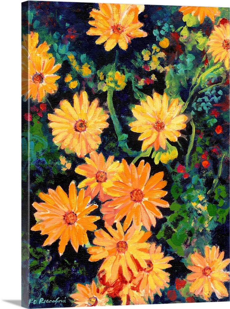 Golden Chrysanthemums painting by RD Riccoboni. Gold yellows greens and bues highlight this floral painting.