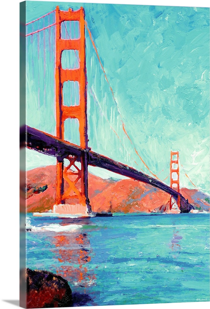 Painting of the Golden Gate Bridge over the San Francisco Bay.