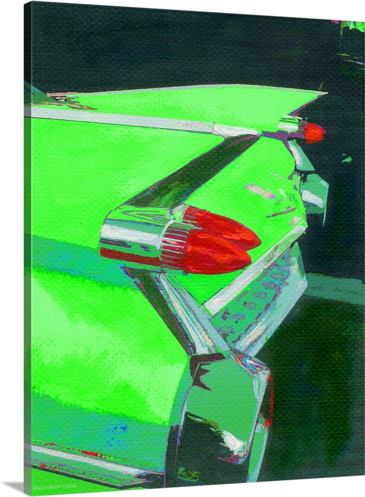 Green Fin by RD Randy Riccoboni.  An Automotive portrait of a Cadillac in bright Green offset by blue black chrome and bac...