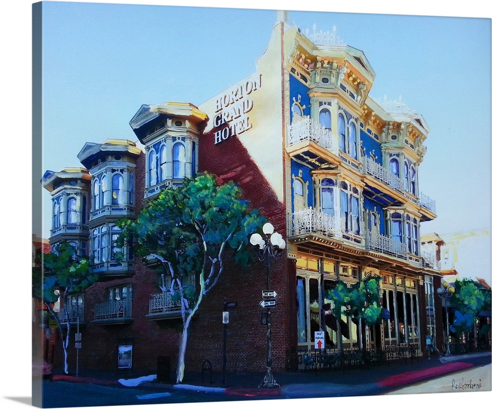 Horton Grand Hotel, Gas lamp, San Diego, California painting by RD Riccoboni.  Acrylic on canvas. In downtown San Diego's ...