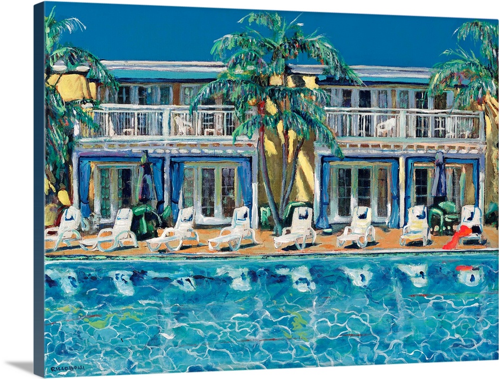Shimmering Poolside in courtyard at the historic Lafayette Hotel swimming pool in San Diego California, acrylic painting o...