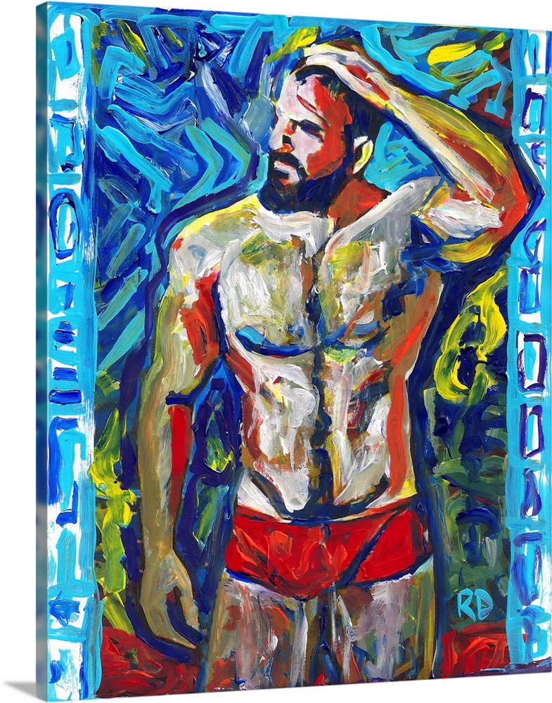 Man in Red by RD Riccoboni. A Contemporary impressionist style beefcake painting of a sexy dark haired bearded man in a re...