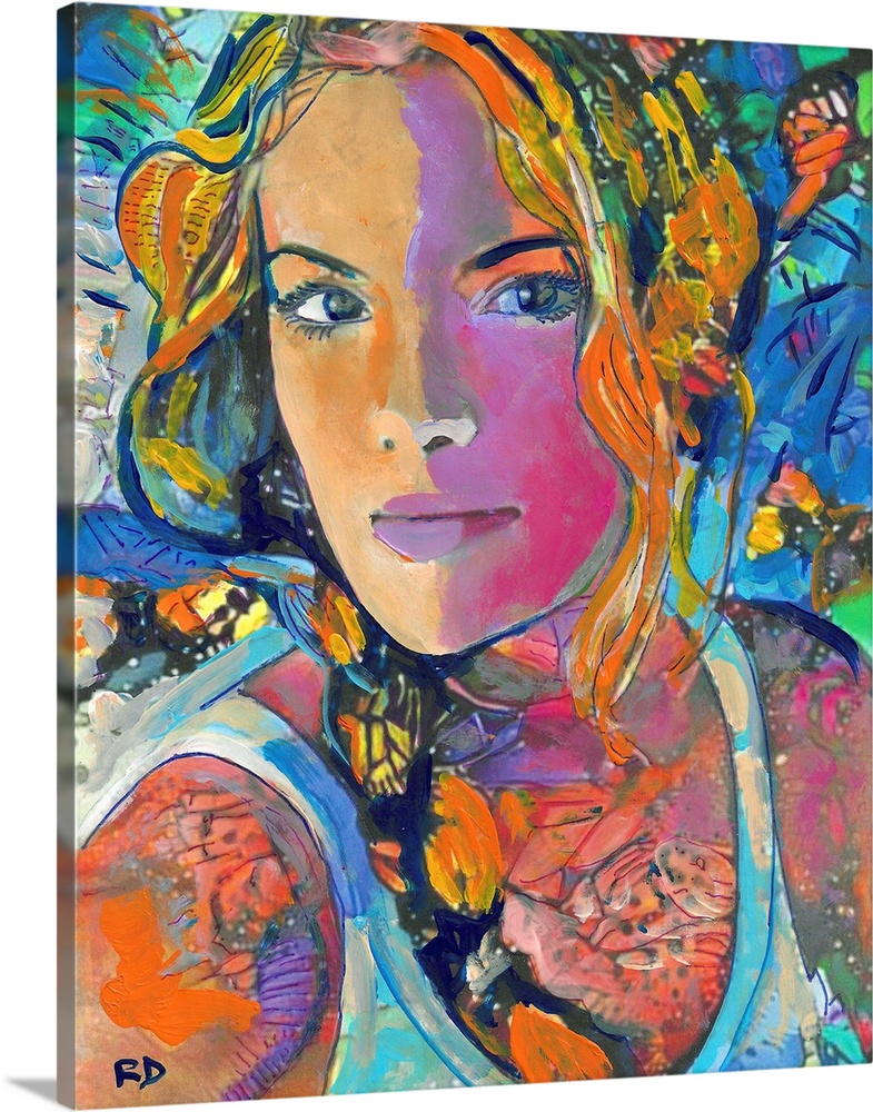 A surreal portrait of a woman in ponytails and a tank top with butterfly wings and bold color.