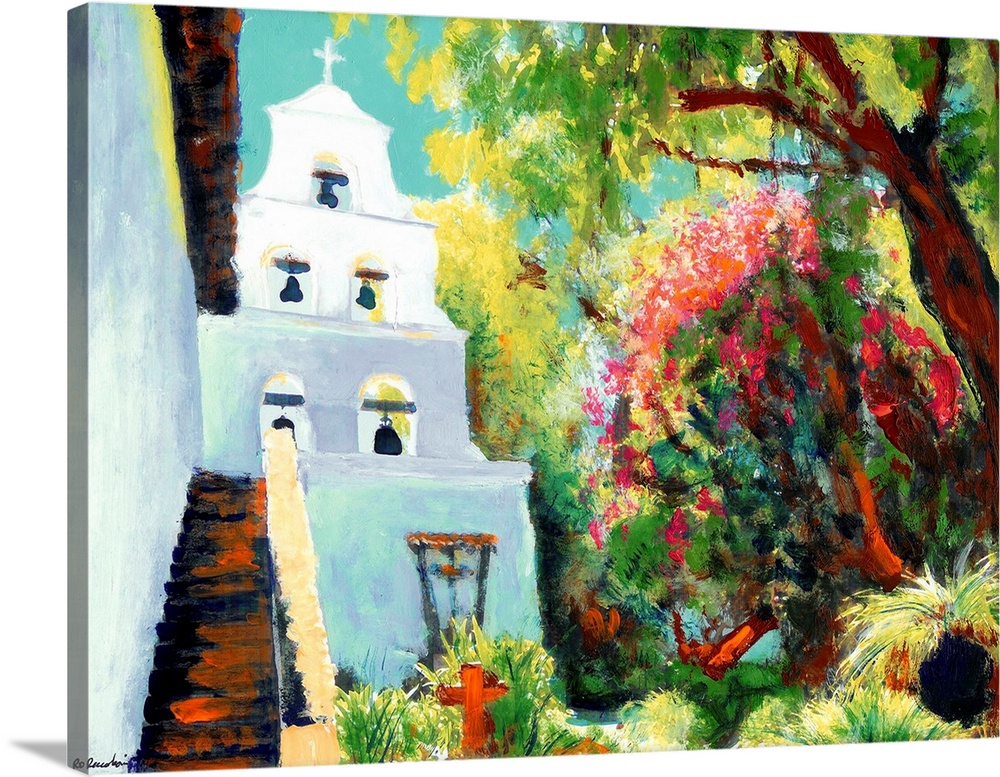 Painting by RD Riccoboni.  The courtyard of Mission San Diego de Alcala, California's oldest building and first mission an...