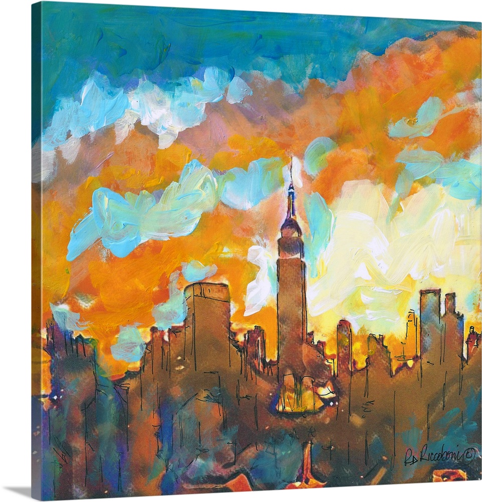 A Sunset in Manhattan by artist RD Riccoboni. The contemporary scene shows the architectural New York City skyline with th...