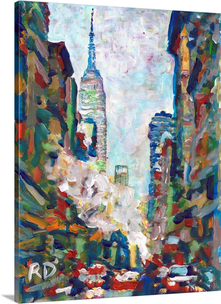 NYC, Winter Steam on Fifth Avenue with Empire State Building by RD Riccoboni, Abstract painting of NYC in green, blue, red...