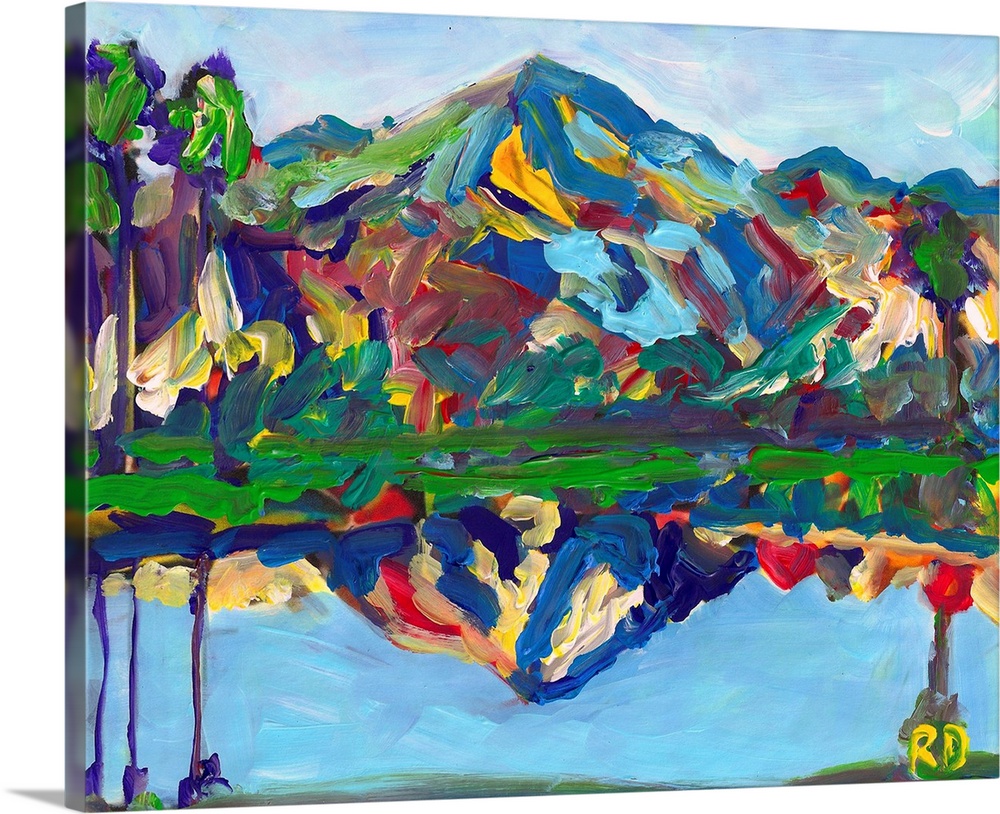 Palm Springs San Jacinto Reflection, abstract desert landscape painting by RD Riccoboni. Blues, greens, reds and yellows i...