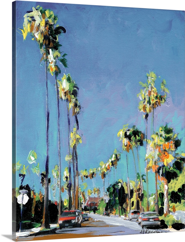 Contemporary painting of a San Diego street lined with palm trees and blue skies above.